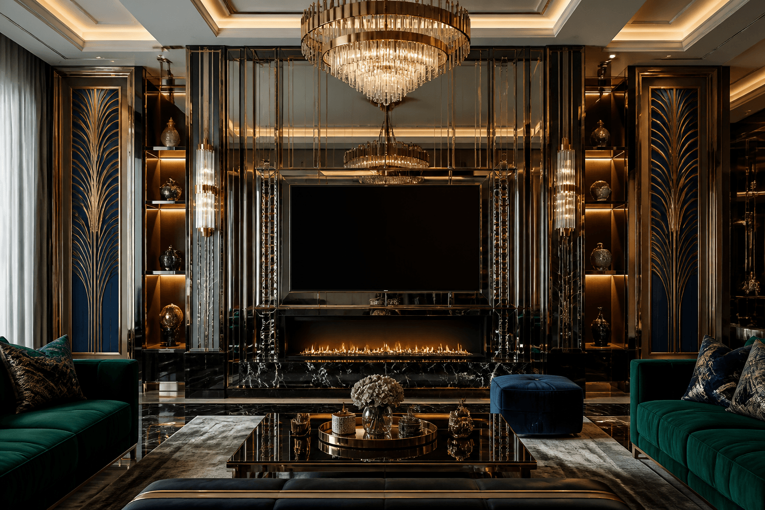 Эксклюзивный интерьер Art Deco. Глубокие насыщенные цвета (изумрудный, королевский синий), геометрические узоры в плитке, глянцевые поверхности, зеркала, контрастные элементы из золота и латуни. Пышность и геометрия.