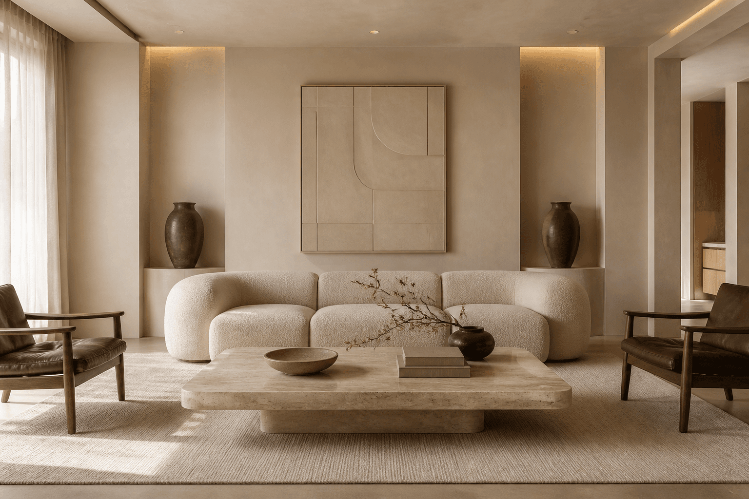 Премиальный интерьер в стиле Soft Minimalism. Теплые монохромные оттенки (песочный, греж), скрытые двери Invisible, встроенный теневой профиль, мягкое рассеянное освещение. Натуральные текстуры (лен, шерсть). Ощущение простора.